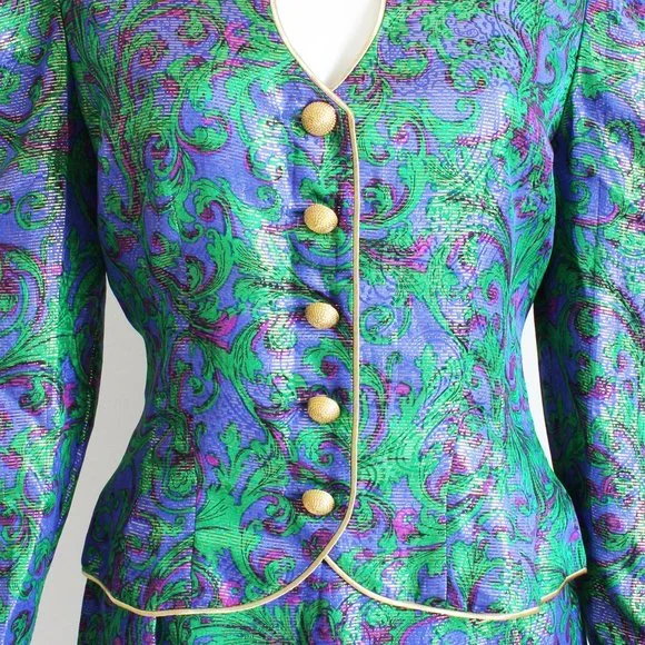 Lillie Rubin Jacket Skirt Suit 2pc Silk Jacquard Abstract Metallic Vintage - Picture 2 of 9